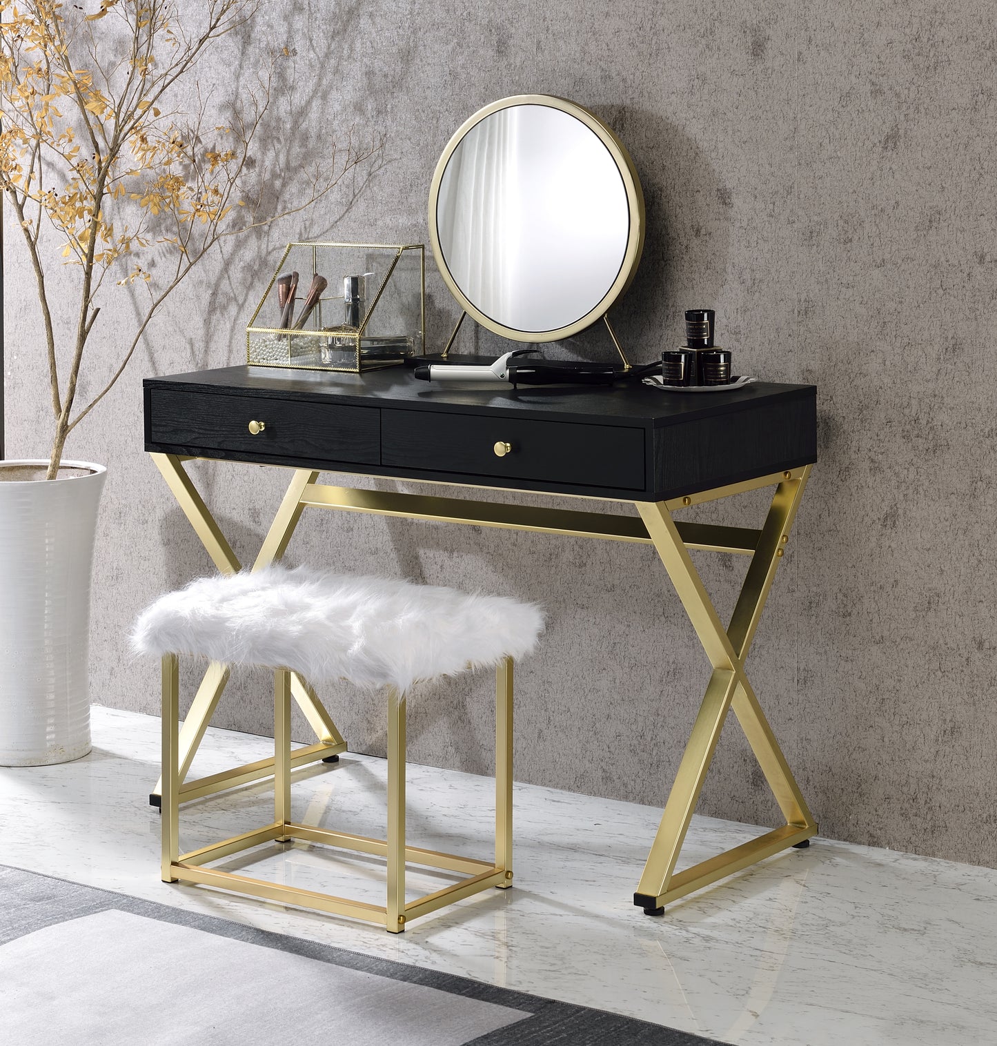 Adao Vanity Mirror & Stool in Faux Fur, Mirror, Black & Brass Finish