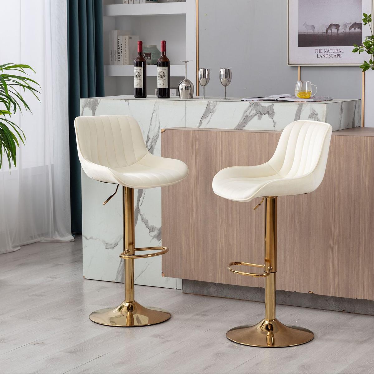 Chrome Footrest and Base Swivel Height Adjustable Mechanical Lifting Velvet + Golden Leg Simple Bar Stool, Set of 2, Ivory - Streamdale Furniture
