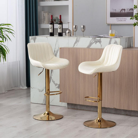 Chrome Footrest and Base Swivel Height Adjustable Mechanical Lifting Velvet + Golden Leg Simple Bar Stool, Set of 2, Ivory