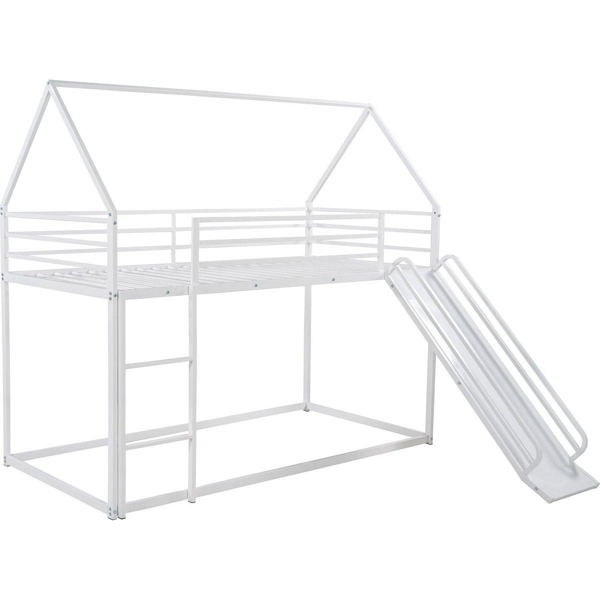 Twin over Twin House Bunk Bed with Ladder and Slide, White - Streamdale Furniture