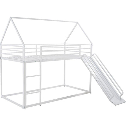 Twin over Twin House Bunk Bed with Ladder and Slide, White - Streamdale Furniture
