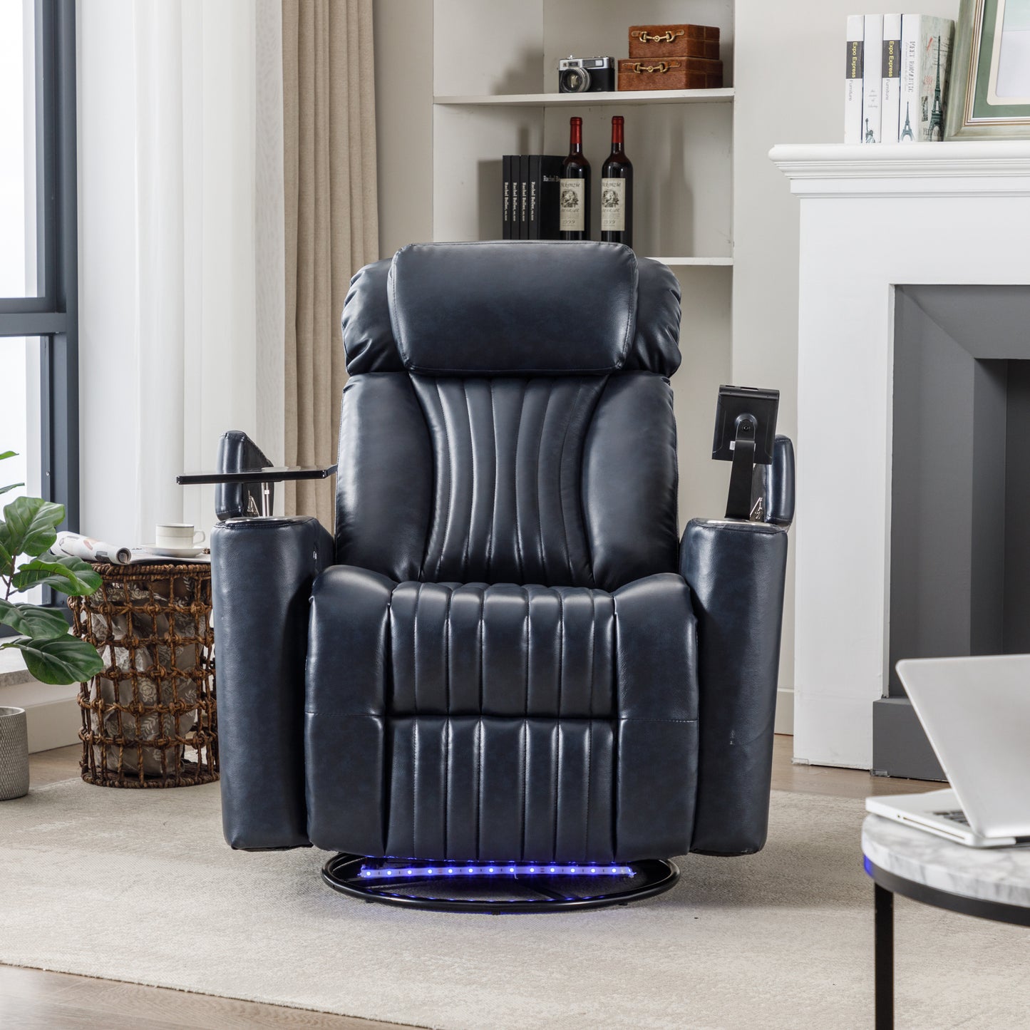 270 degree Power Swivel Recliner, Home Theater Seating With Hidden Arm Storage and LED Light Strip, Cup Holder, 360 degree Swivel Tray Table, and Cell Phone Holder, Soft Living Room Chair, Blue