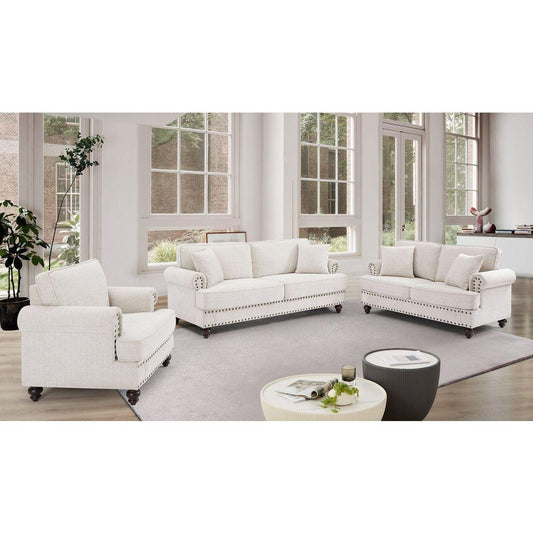 Living Room Furniture, Modern 3-Piece Including Three-Seater, Loveseat and Single Chair,Chenille modern Upholstered Sofa Set, White