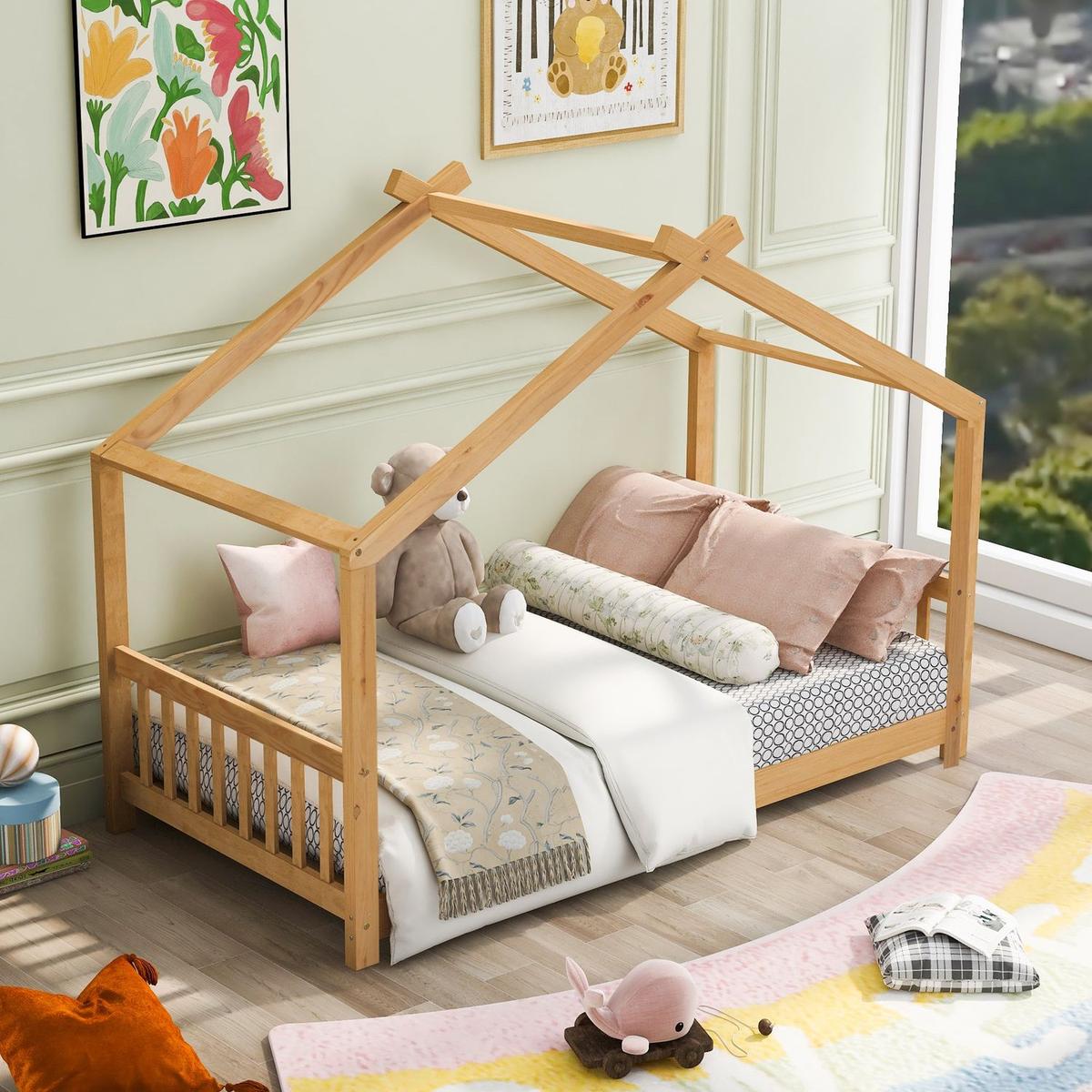 Twin Size House Platform Bed with Headboard and Footboard, Roof Design卢篓Natural