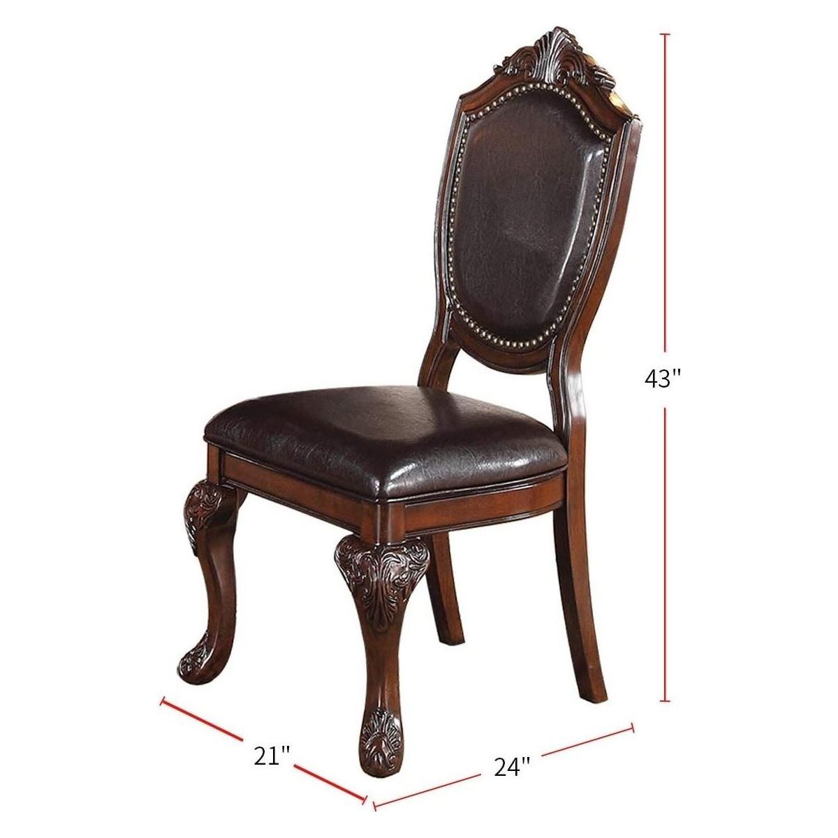 Royal Majestic Formal Set of 2 Side Chairs Brown Color Rubberwood Dining Room Furniture Intricate Design Faux Leather Upholstered Seat