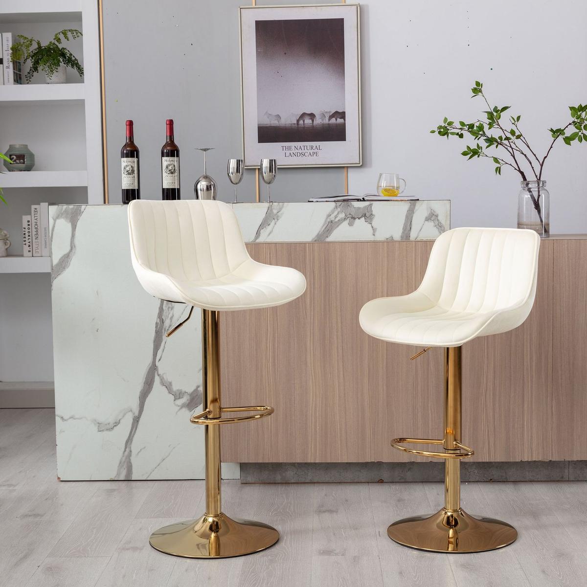 Chrome Footrest and Base Swivel Height Adjustable Mechanical Lifting Velvet + Golden Leg Simple Bar Stool, Set of 2, Ivory - Streamdale Furniture