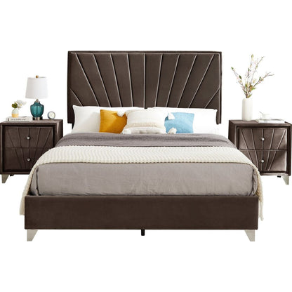 Full bed with two nightstands, Beautiful line stripe cushion headboard, strong wooden slats + metal legs with Electroplate