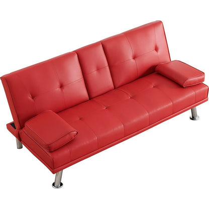 67" Red Leather Multifunctional Double Folding Sofa Bed for Office with Coffee Table