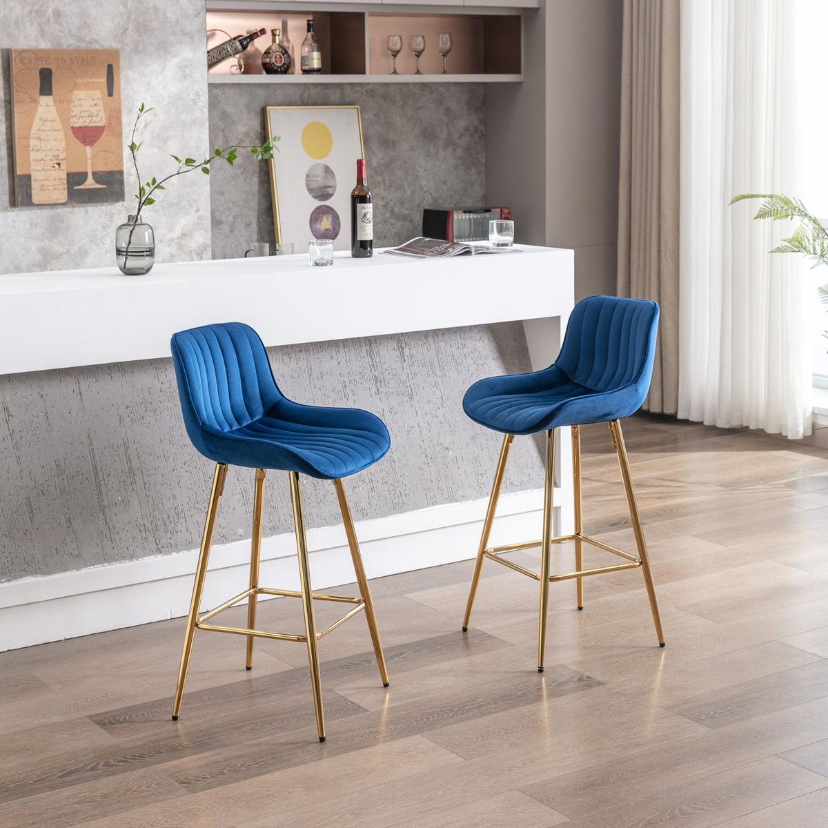 26 Inch Set of 2 Bar Stools, with Steel Frame Footrest Velvet Fabric Golden Leg Simple Bar Stool, BLUE