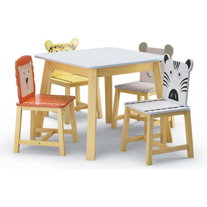 5 Piece Kiddy Table and Chair Set, Kids Wood Table with 4 Chairs Set Cartoon Animals (bigger table) (3-8 years old)