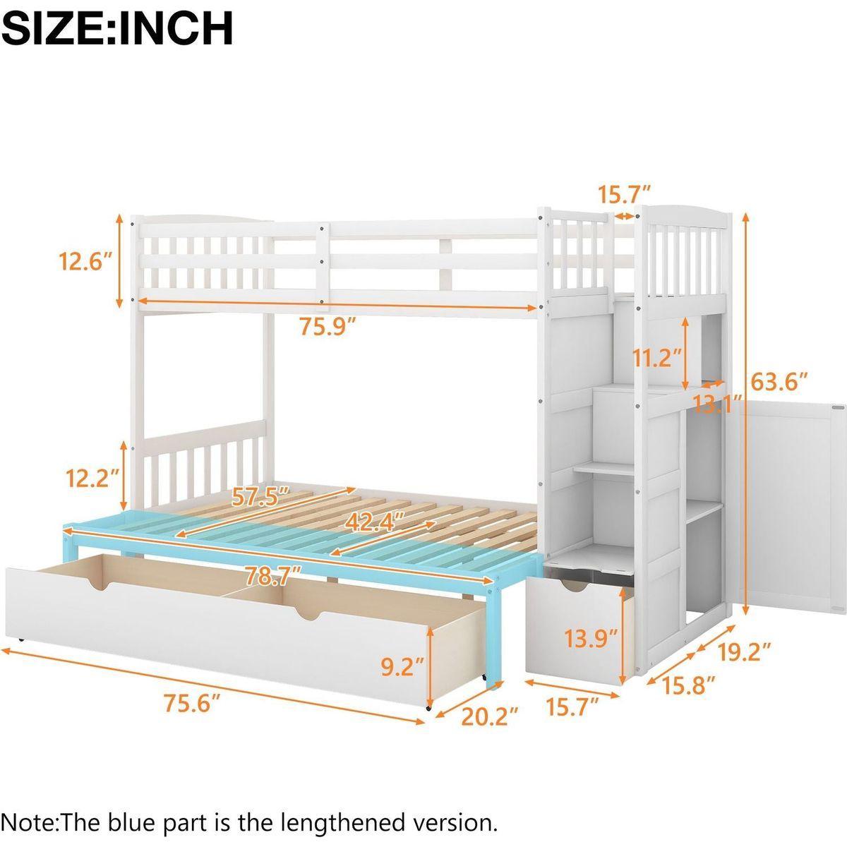 Twin over Full/Twin Bunk Bed, Convertible Bottom Bed, Storage Shelves and Drawers, White