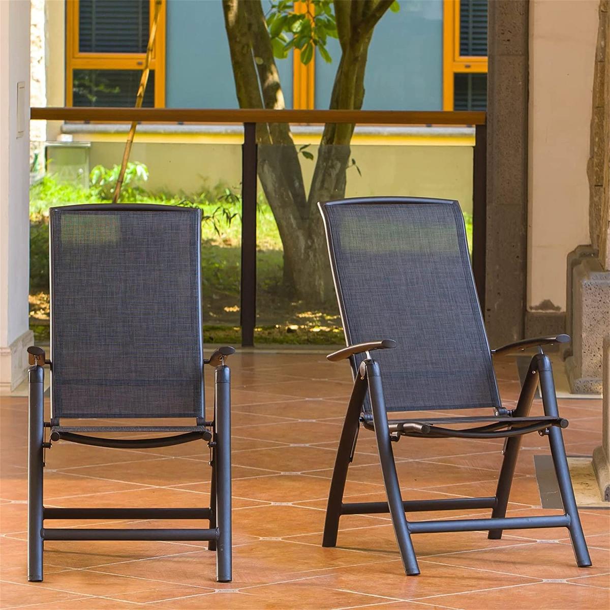 Folding Patio Chairs Set of 2, Aluminium Frame Reclining Sling Lawn Chairs with Adjustable High Backrest, Patio Dining Chairs for Outdoor, Camping, Porch, Balcony (Textilene Fabric, 2 Chairs)