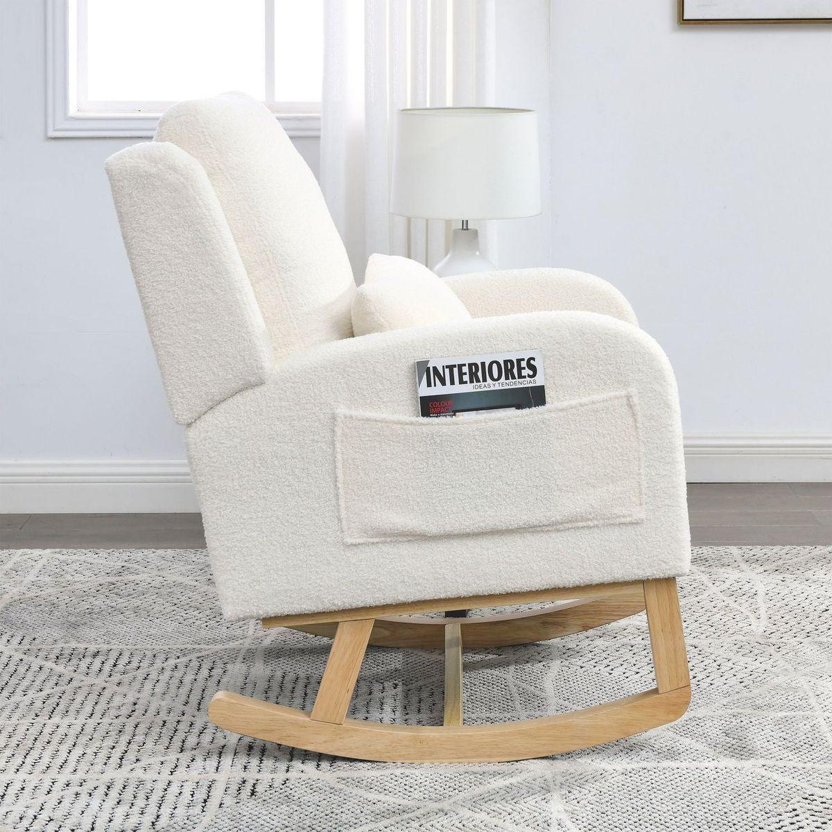 27.5" W Modern Accent High Back Living Room Casual Armchair Rocker with One Lumbar Pillow, Two Side Pockets, Teddy.