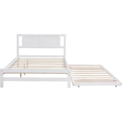 Full Size Platform Bed with Adjustable Trundle, White
