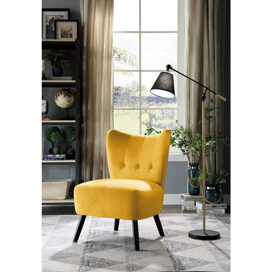 Unique Style Accent Chair Yellow Velvet Covering Button-Tufted Back Brown Finish Wood Legs Modern Home Furniture