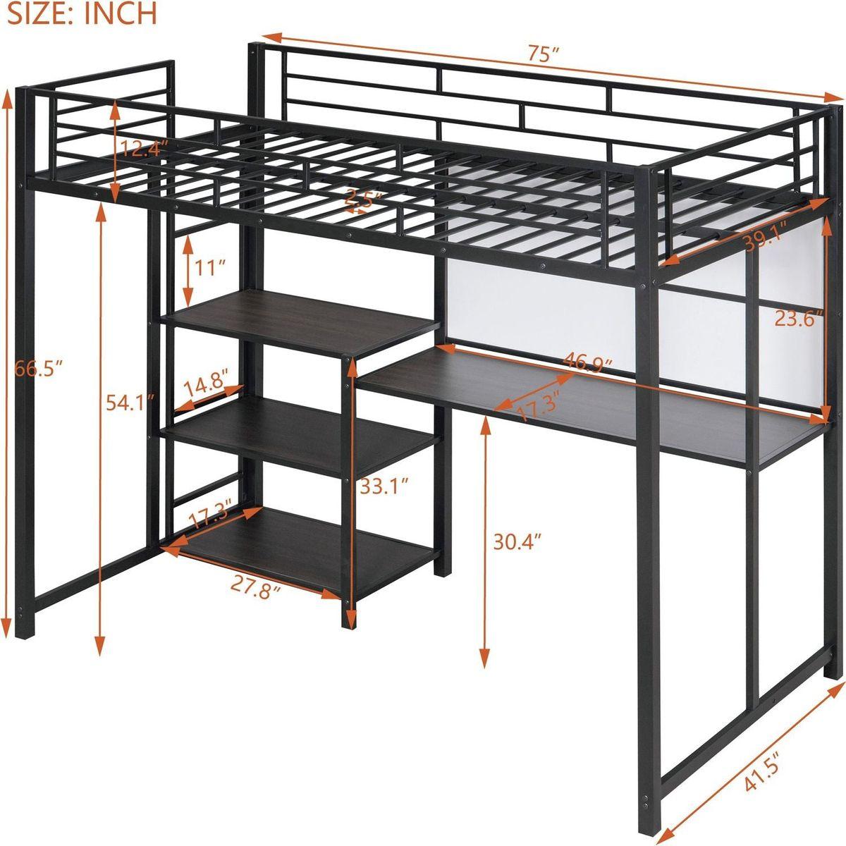 Twin Size Loft Bed with Desk and Whiteboard, Mental Loft Bed with 3 Shelves and Ladder, Black