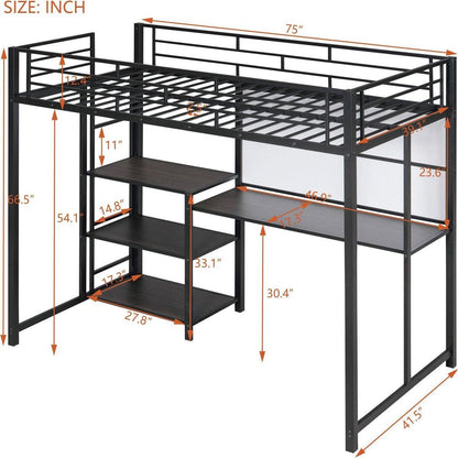 Twin Size Loft Bed with Desk and Whiteboard, Mental Loft Bed with 3 Shelves and Ladder, Black