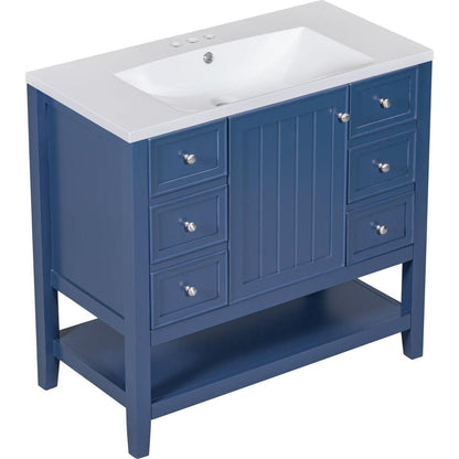 36" Bathroom Vanity with Sink Combo, One Cabinet and Three Drawers, Solid Wood and MDF Board, Blue