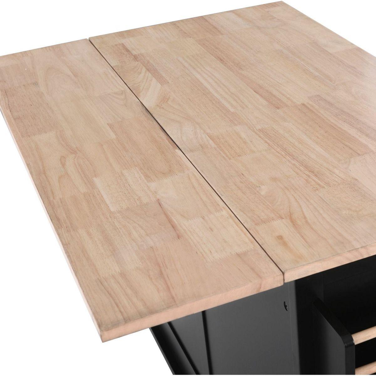 Kitchen Cart with Rubber wood Drop-Leaf Countertop, Concealed sliding barn door adjustable height, Kitchen Island on 4 Wheels with Storage Cabinet and 2 Drawers, L52.2xW30.5xH36.6 inch, Black