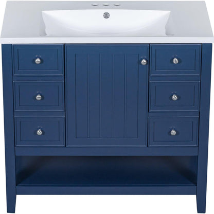 36" Bathroom Vanity with Sink Combo, One Cabinet and Three Drawers, Solid Wood and MDF Board, Blue