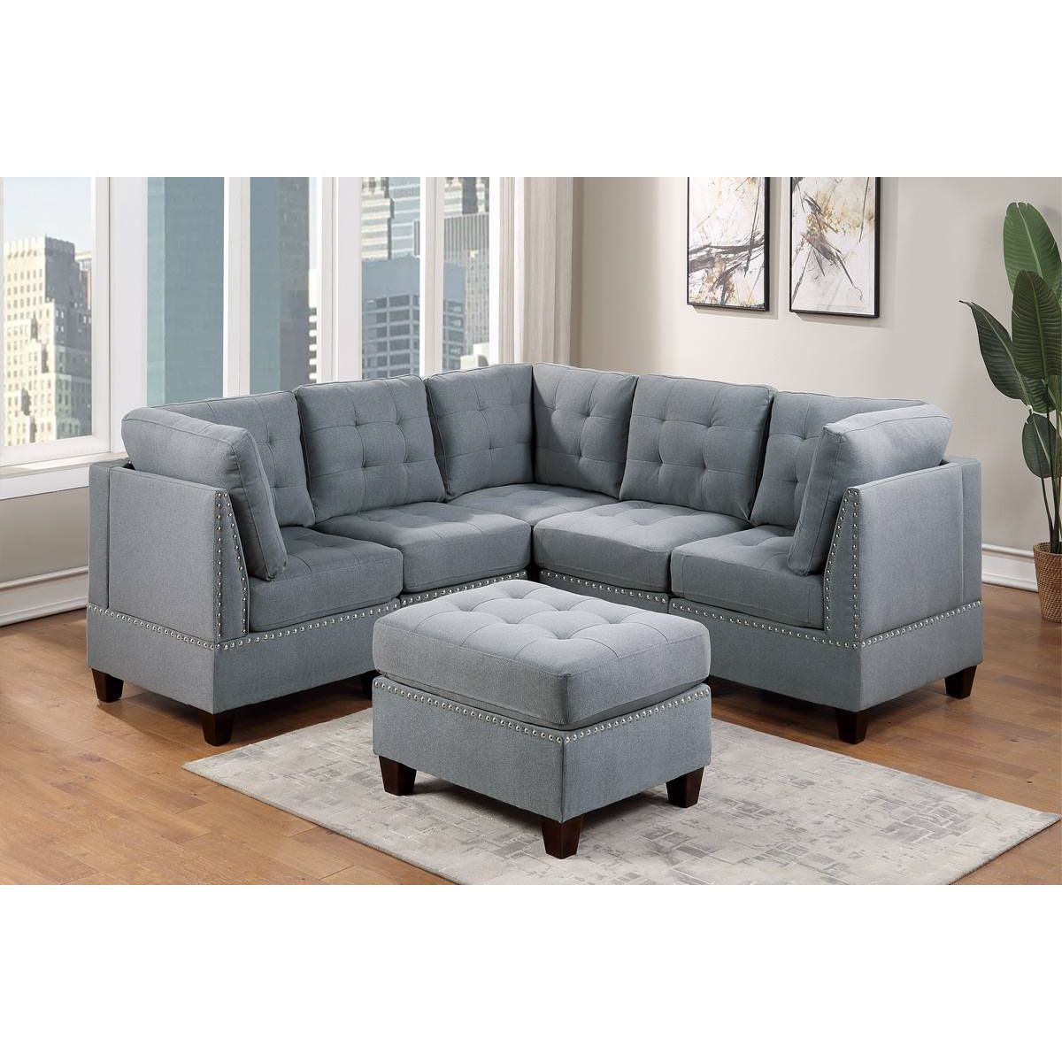 Modular Sectional 6pc Set Living Room Furniture Corner Sectional Tufted Nail heads Couch Gray Linen Like Fabric 3x Corner Wedge 2x Armless Chairs and 1x Ottoman