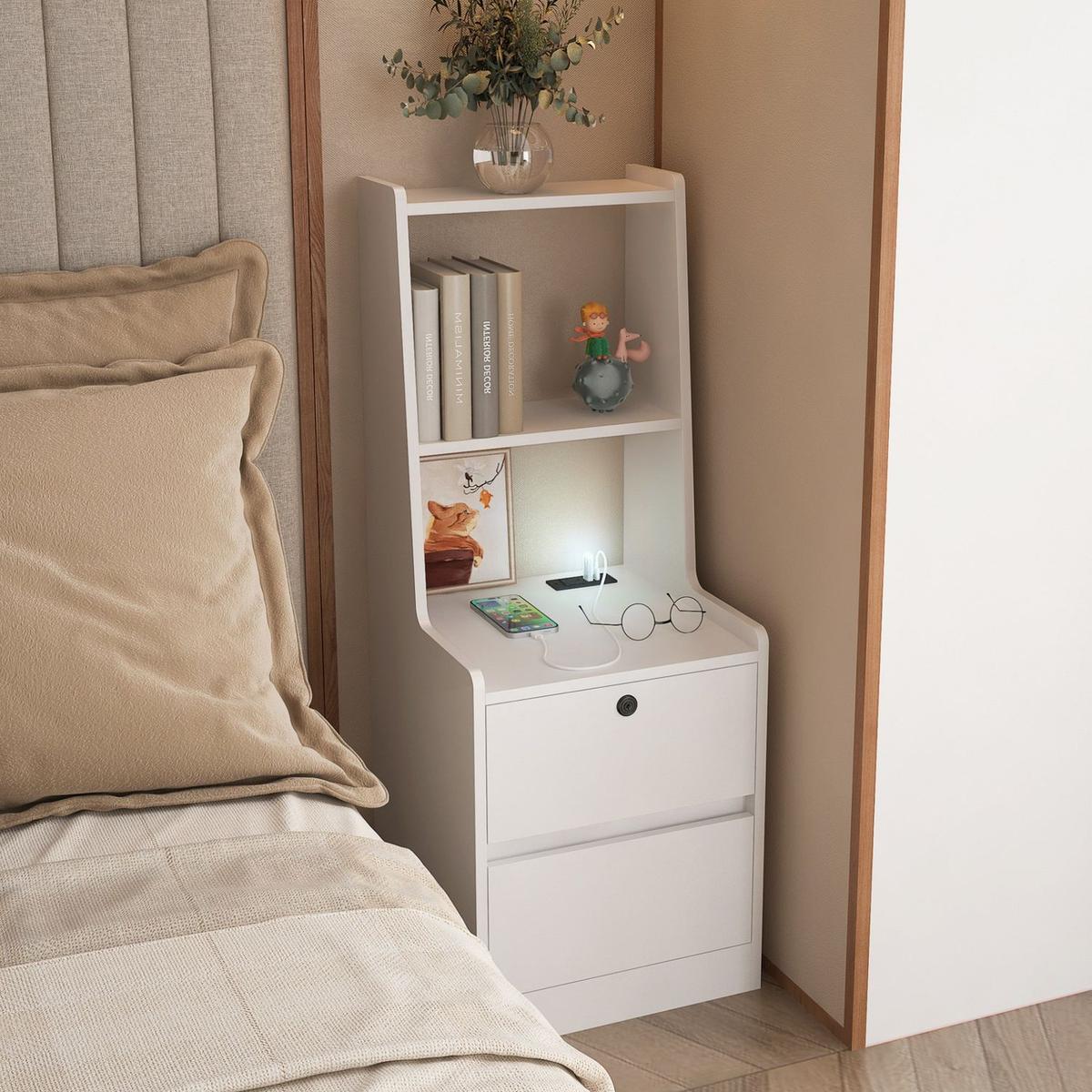 Nightstand with lock and charging station,Storage cabinets with open dividers