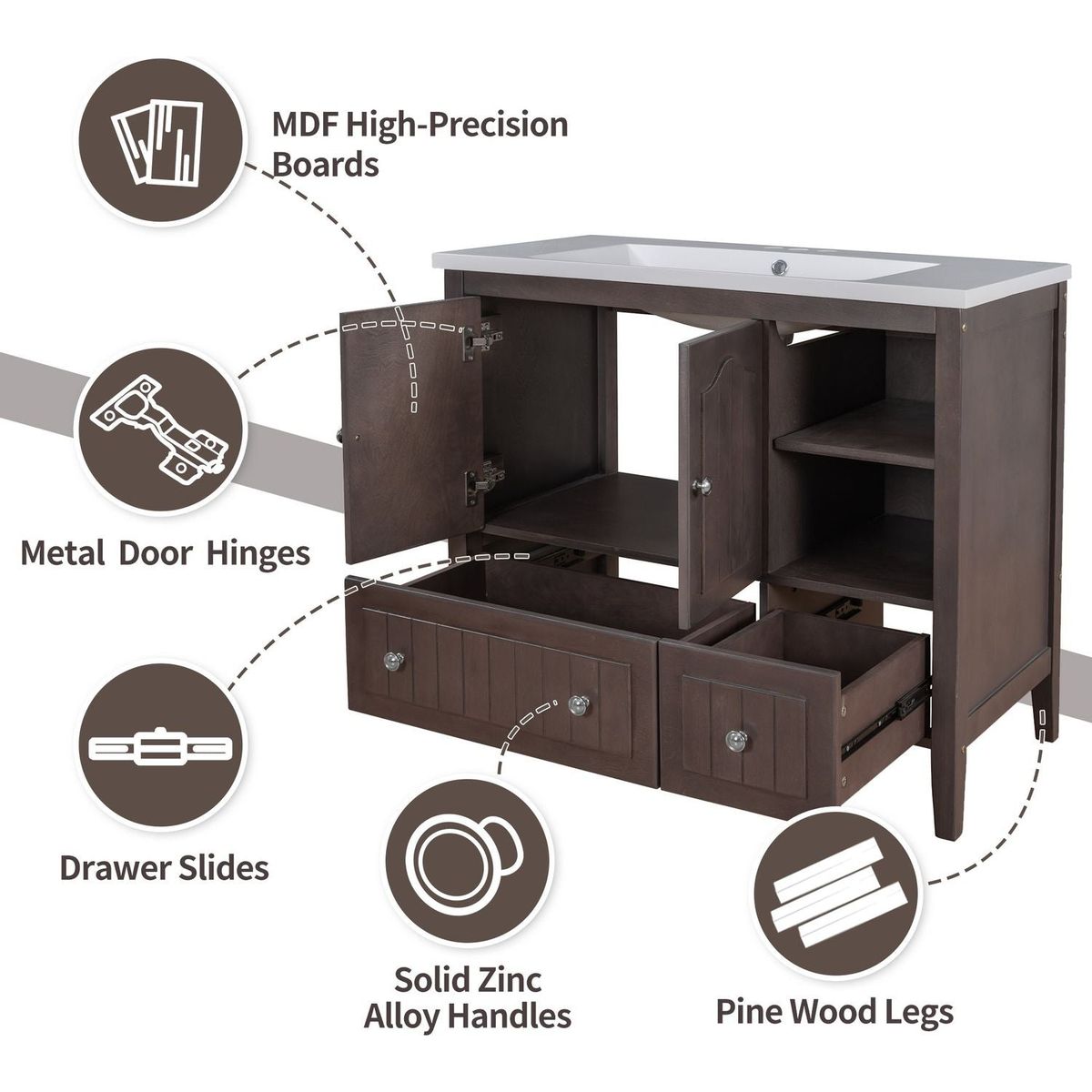 36" Bathroom Vanity Base Only, Solid Wood Frame and MDF Boards, Brown