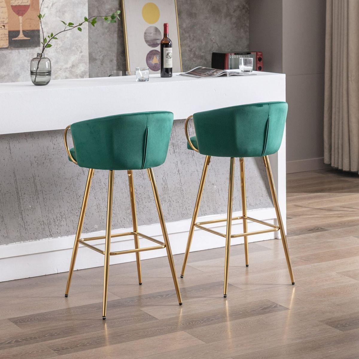 26 Inch Set of 2 Bar Stools, with Chrome Footrest and Base Velvet + Golden Leg Simple Bar Stool, GREEN