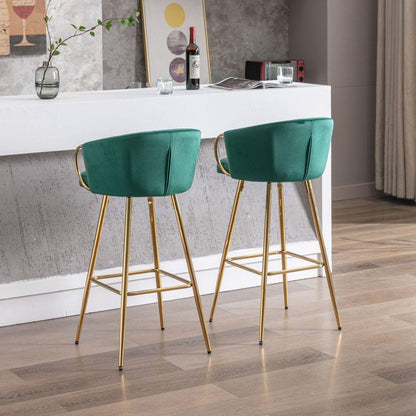 26 Inch Set of 2 Bar Stools, with Chrome Footrest and Base Velvet + Golden Leg Simple Bar Stool, GREEN