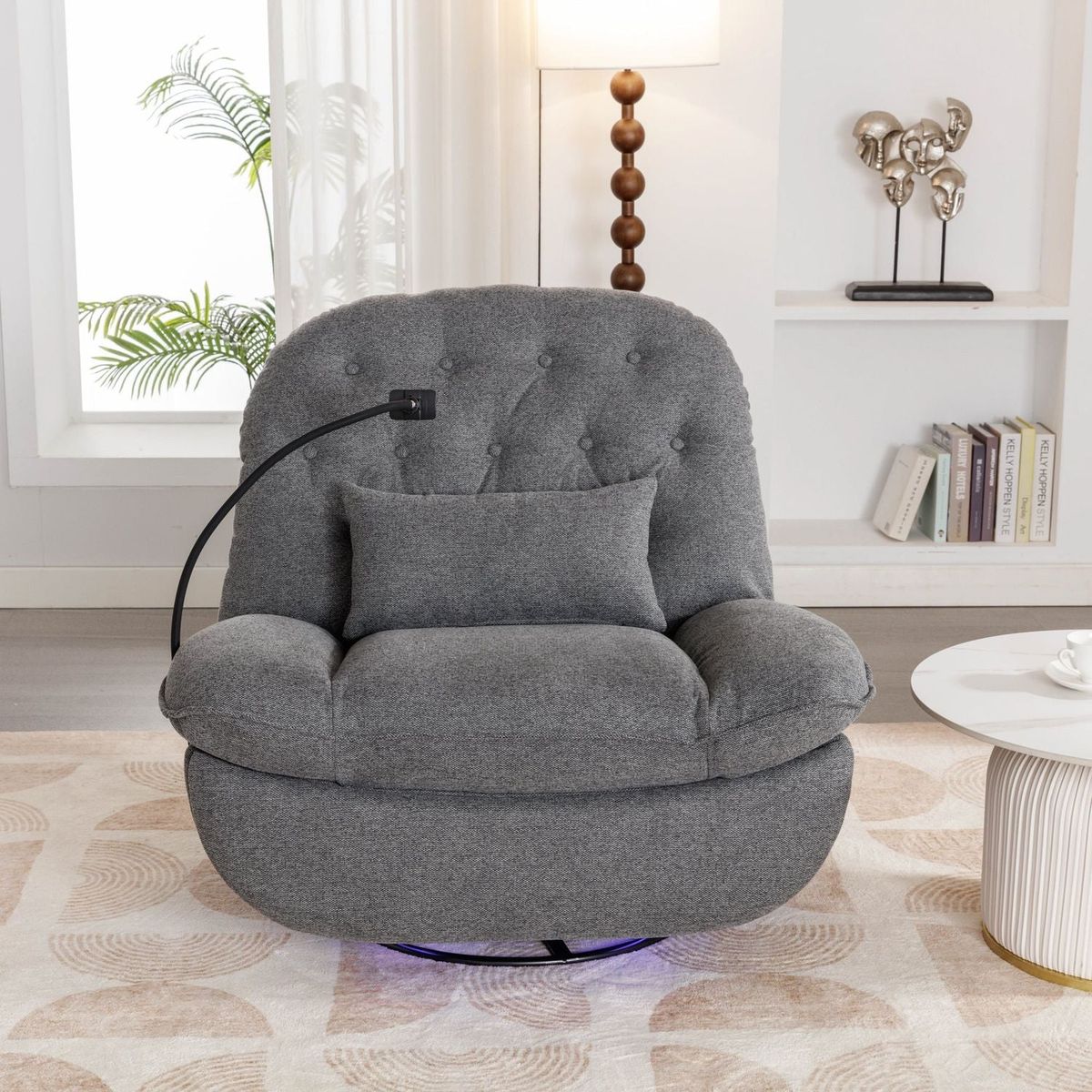 270 Degree Swivel Power Recliner with Voice Control, Bluetooth Music Player,USB Ports, Atmosphere Lamp, Hidden Arm Storage and Mobile Phone Holder for Living Room, Bedroom, Apartment, Grey