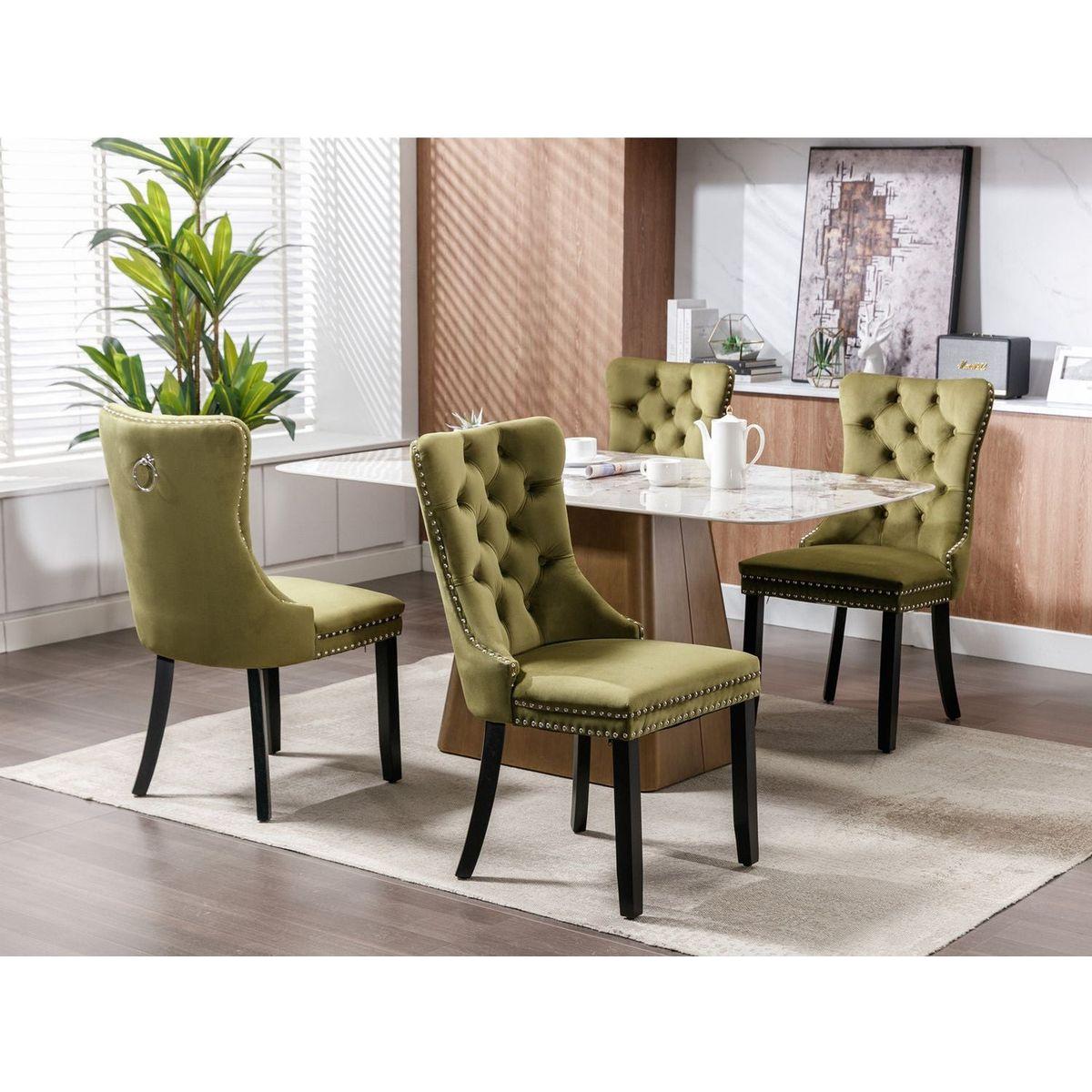 Nikki Collection Modern, High-end Tufted Solid Wood Contemporary Velvet Upholstered Dining Chair with Wood Legs Nailhead Trim 2-Pcs Setlive-Green