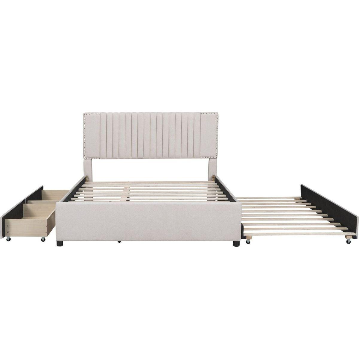 Queen Size Upholstered Platform Bed with 2 Drawers and 1 Twin XL Trundle, Classic Headboard Design, Beige