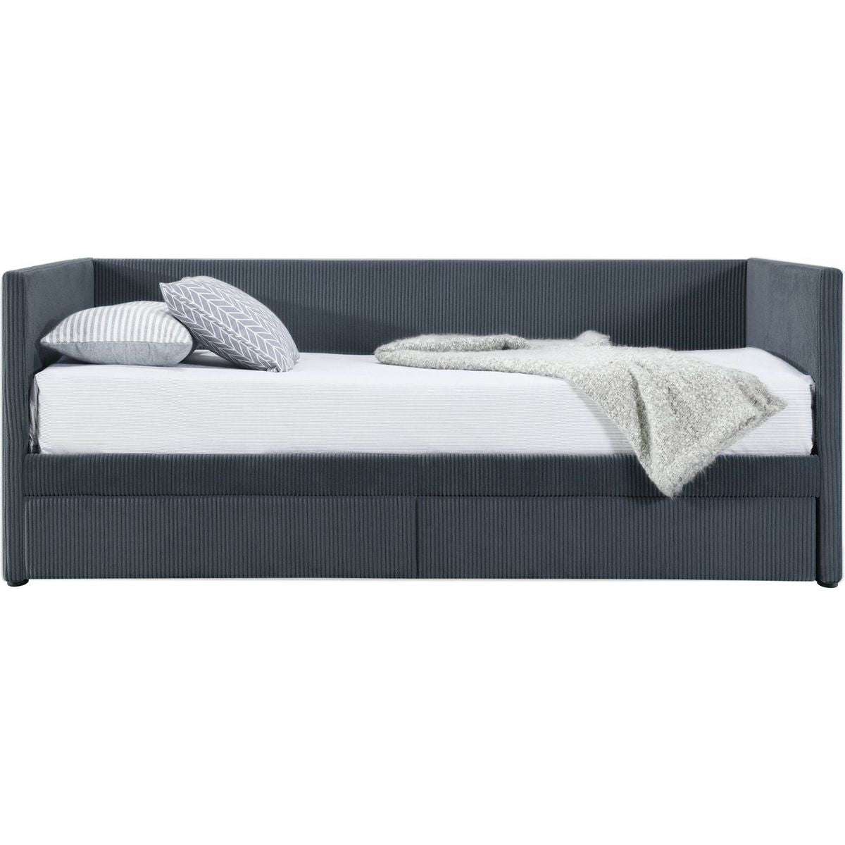 Twin Size Corduroy Daybed with Two Drawers and Wood Slat, Gray