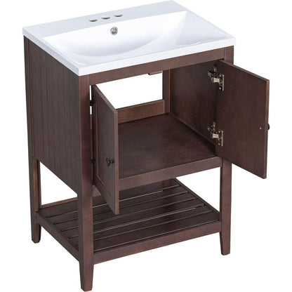 24" Brown Modern Sleek Bathroom Vanity Elegant Ceramic Sink with Solid Wood Frame Open Style Shelf