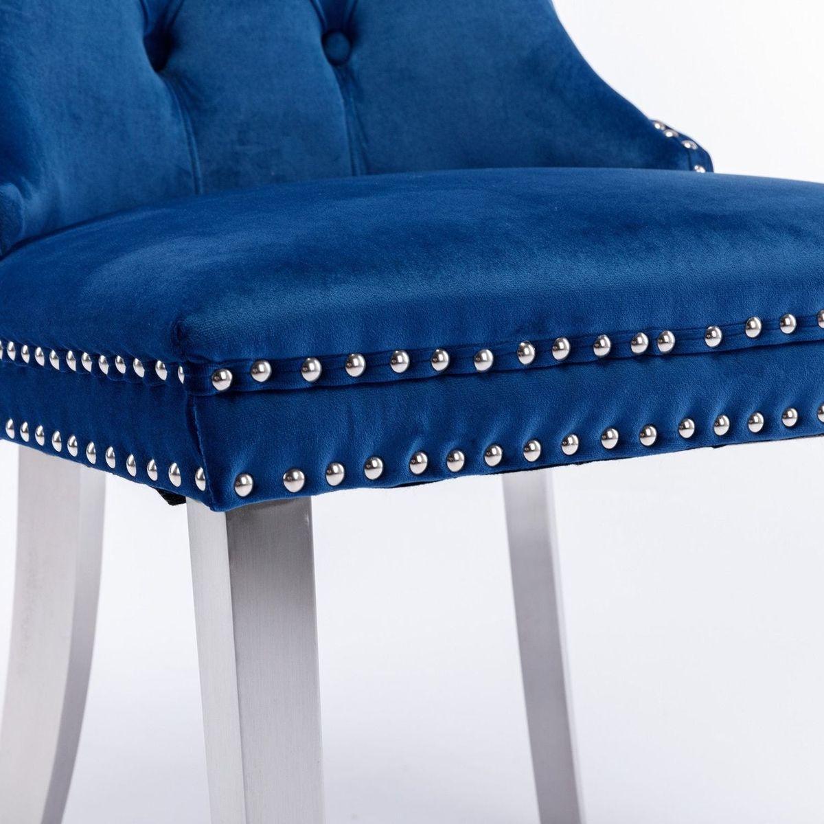 Nikki Collection Modern, High-end Tufted Solid Wood Contemporary Velvet Upholstered Dining Chair with Chrome Stainless Steel Plating Legs, Nailhead Trim, Set of 2, Blue and Chrome