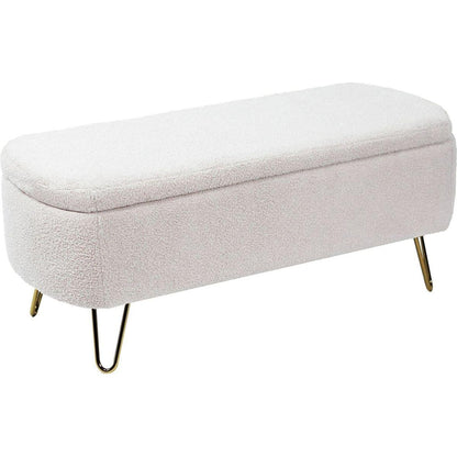 Ivory White Storage Ottoman Bench for End of Bed Gold Legs, Modern Ivory White Faux Fur Entryway Bench Upholstered Padded with Storage for Living Room Bedroom