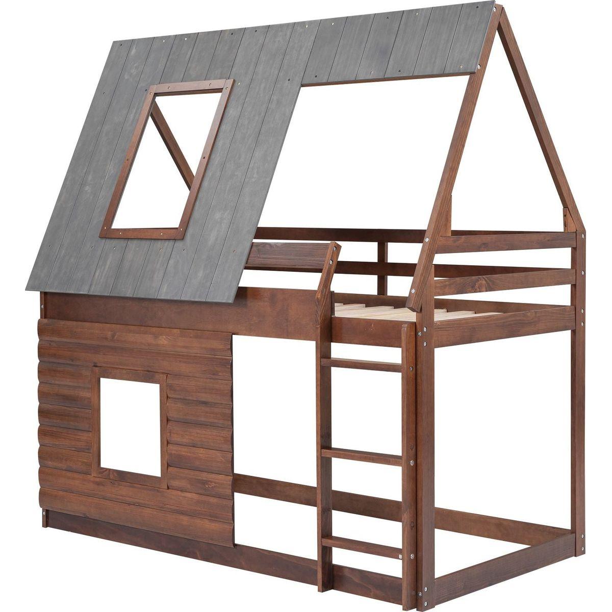 Wood Twin Size House Bunk Bed with Roof, Ladder and 2 Windows, Oak & Smoky Grey