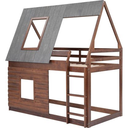 Wood Twin Size House Bunk Bed with Roof, Ladder and 2 Windows, Oak & Smoky Grey