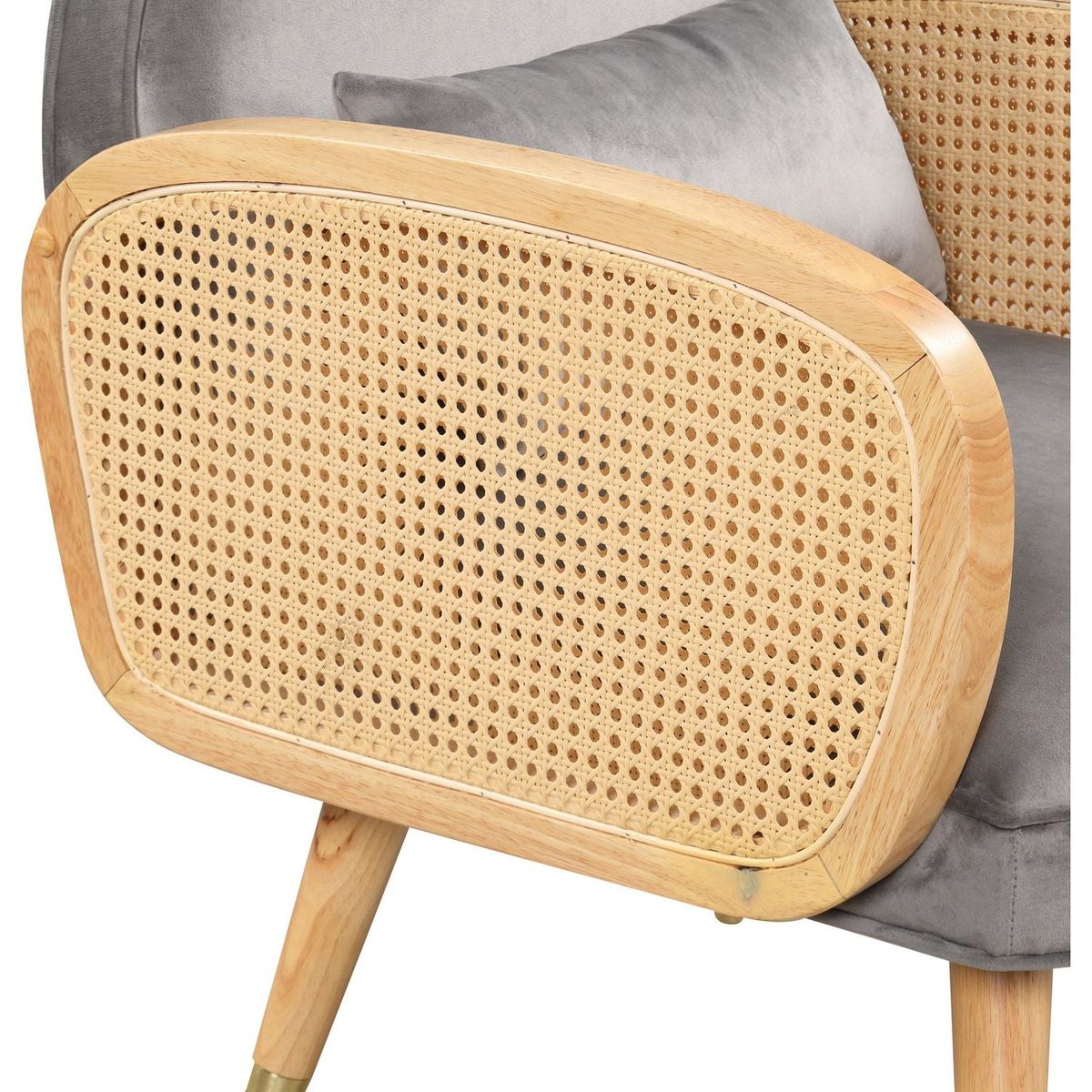 Amchair with Rattan Armrest and Metal Legs Upholstered Mid Century Modern Chairs for Living Room or Reading Room, Grey