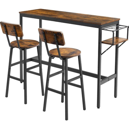 Bar Table Set with wine bottle storage rack. Rustic Brown, 47.24" L x 15.75" W x 35.43" H.