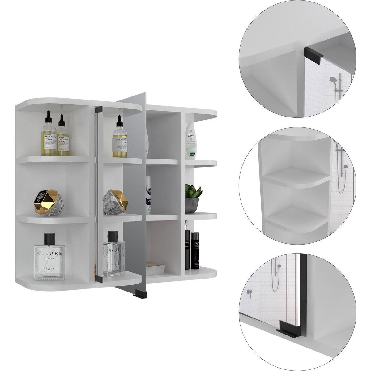 Milan Medicine Cabinet, Six External Shelves Mirror, Three Internal Shelves -White