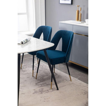 Akoya Collection Modern Contemporary Velvet Upholstered Dining Chair with Nailheads and Gold Tipped Black Metal Legs, Blue, Set of 2