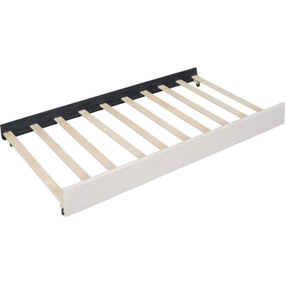 Full Size Upholstered Platform Bed with 2 Drawers and 1 Twin Size Trundle, Classic Headboard Design, Beige