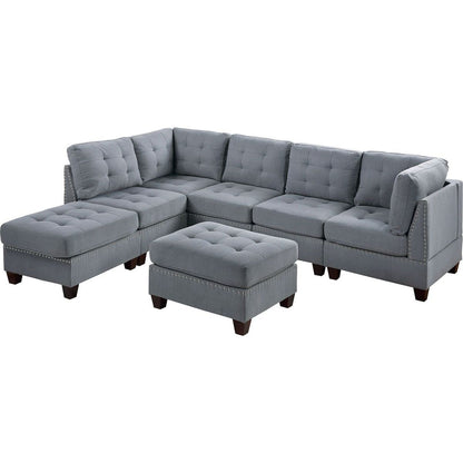 Contemporary Modular Sectional 7pc Set Living Room Furniture Corner L-Sectional Gray Linen Like Fabric Tufted Nail heads 2x Corner Wedge 3x Armless Chair and 2x Ottoman