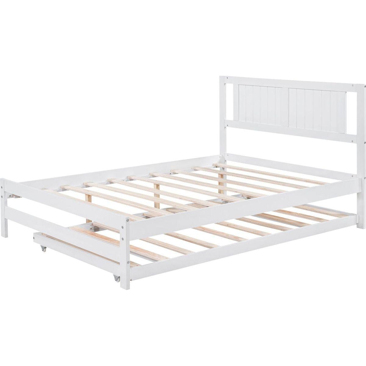 Full Size Platform Bed with Adjustable Trundle, White