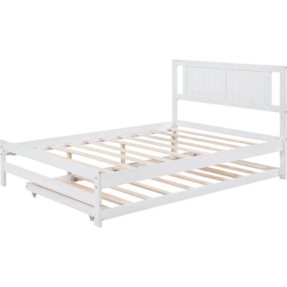 Full Size Platform Bed with Adjustable Trundle, White