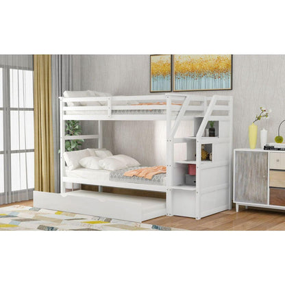 Twin-Over-Twin Bunk Bed with Twin Size Trundle and 3 Storage Stairs, White - Streamdale Furniture