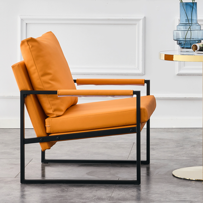 PU Leather Accent Arm Chair Mid Century Upholstered Armchair with Metal Frame Extra-Thick Padded Backrest and Seat Cushion Sofa Chairs for Living Room (orange PU Leather + Metal Frame + Foam)SF-008