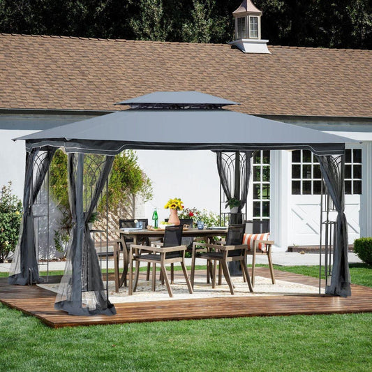13x10 Outdoor Patio Gazebo Canopy Tent With Ventilated Double Roof And Mosquito net (Detachable Mesh Screen On All Sides),Suitable for Lawn, Garden, Backyard and Deck, Gray Top - Streamdale Furniture