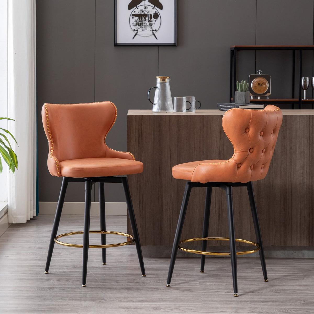 Counter Height 25" Modern Leathaire Fabric bar chairs, 180 degree Swivel Bar Stool Chair for Kitchen, Tufted Gold Nailhead Trim Bar Stools with Metal Legs, Set of 2 (Orange)